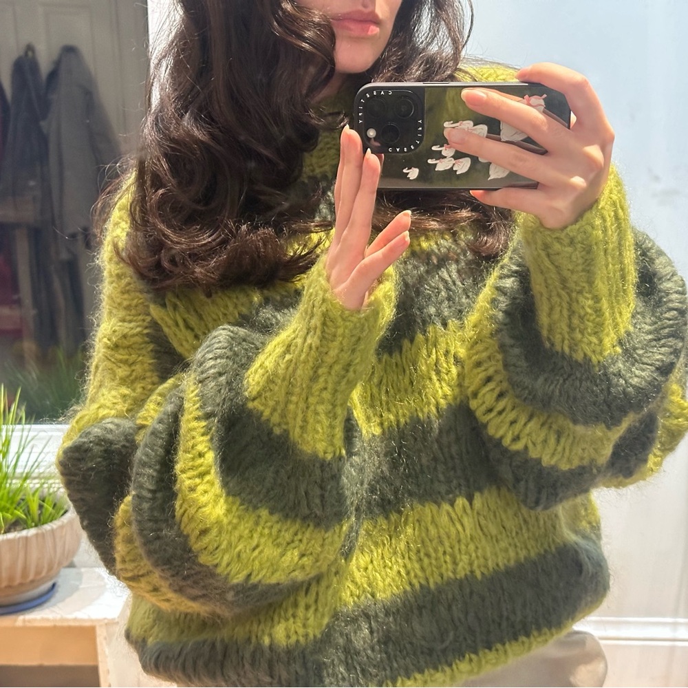 Cozy Olive Striped Turtleneck Sweater